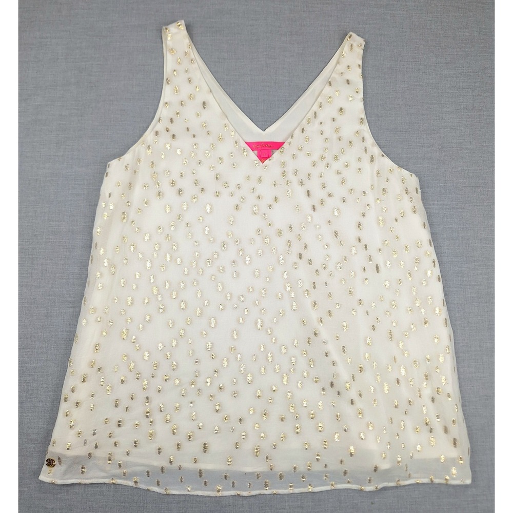Lilly Pulitzer Cream Gold Metallic Clip Dot V-Neck Sleeveless Top Small